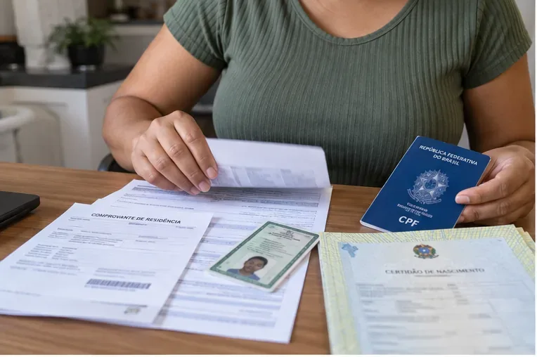 Pessoa organizando comprovante de residência, documento de identificação e certidão antes do atendimento do Cadastro Único