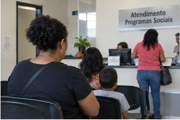 Famílias aguardando atendimento em uma sala de programas sociais antes da atualização cadastral