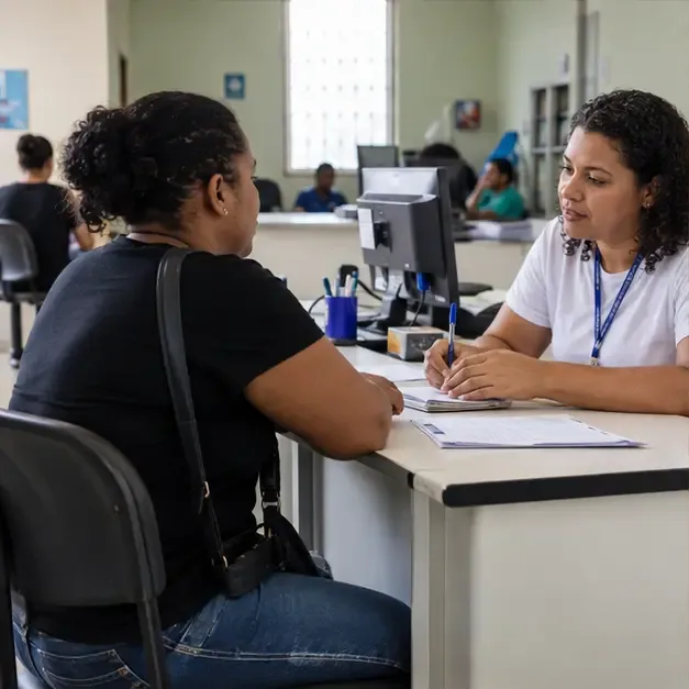 Moradora sendo atendida por profissional em um posto de assistência social