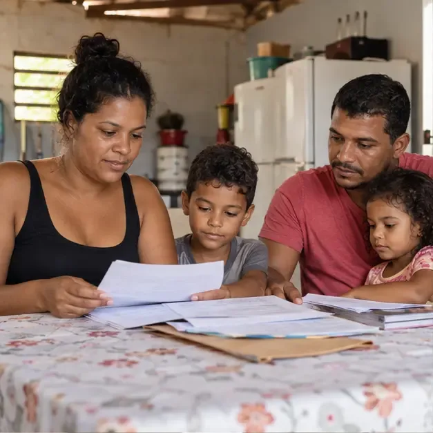 Família brasileira reunida à mesa conferindo documentos domésticos