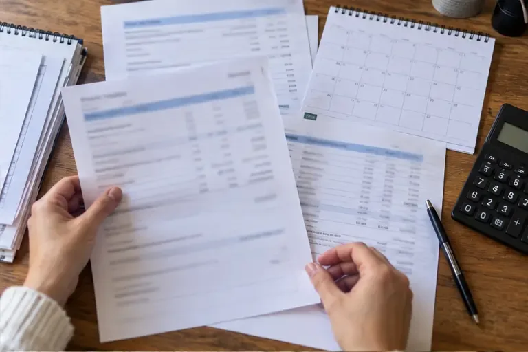 Des mains comparent des feuilles de calcul et un calendrier pour vérifier les périodes d'une dette