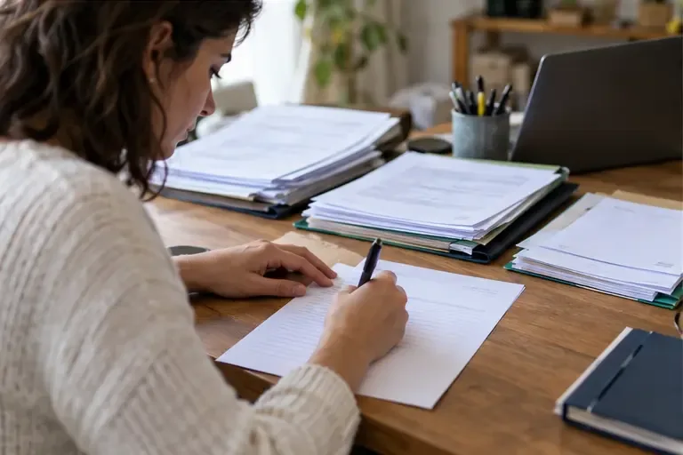 Une personne rédige une lettre en s'appuyant sur un dossier de justificatifs rangés sur un bureau
