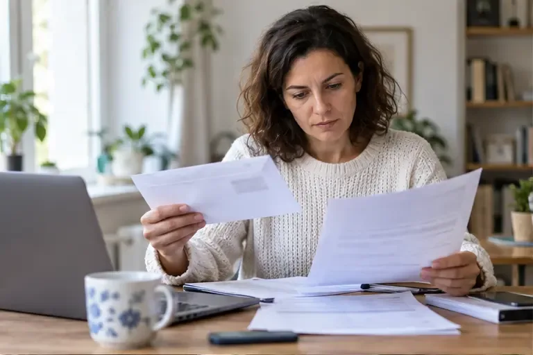 Une allocataire examine une lettre et des documents liés à une dette de prestations
