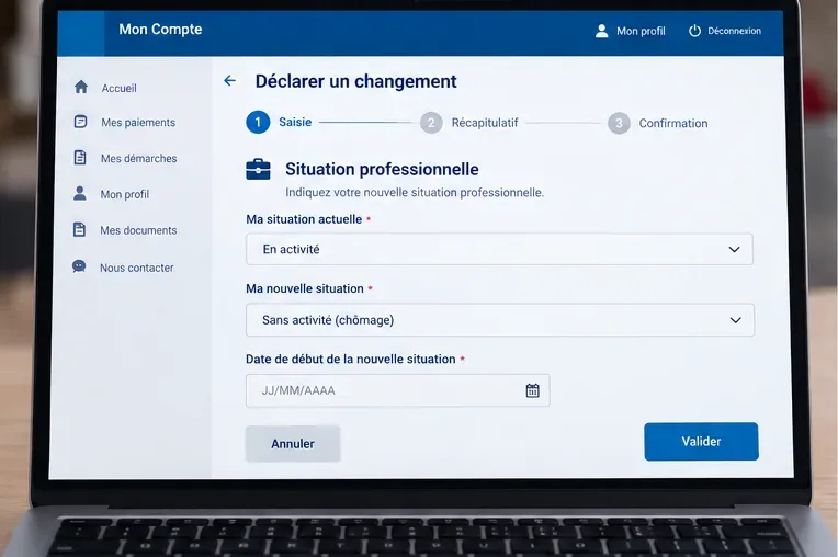 Formulaire de changement de situation professionnelle avec situation actuelle, nouvelle situation et date de début