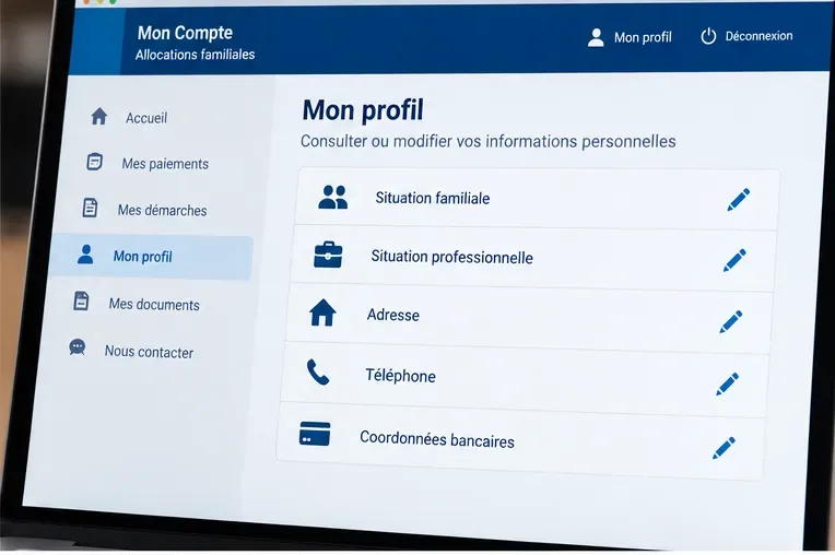 Écran de profil présentant des rubriques Situation familiale, Situation professionnelle, Adresse, Téléphone et Coordonnées bancaires