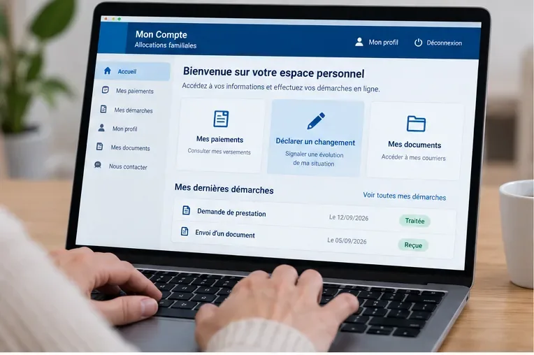 Ordinateur affichant un espace Mon Compte avec une entrée Déclarer un changement parmi les démarches disponibles
