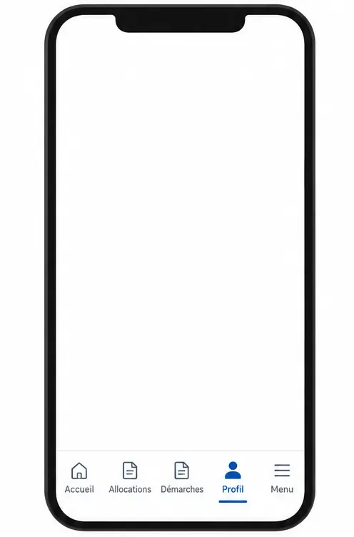 Écran de téléphone présentant la barre de navigation Accueil, Allocations, Démarches, Profil et Menu, avec Profil sélectionné.
