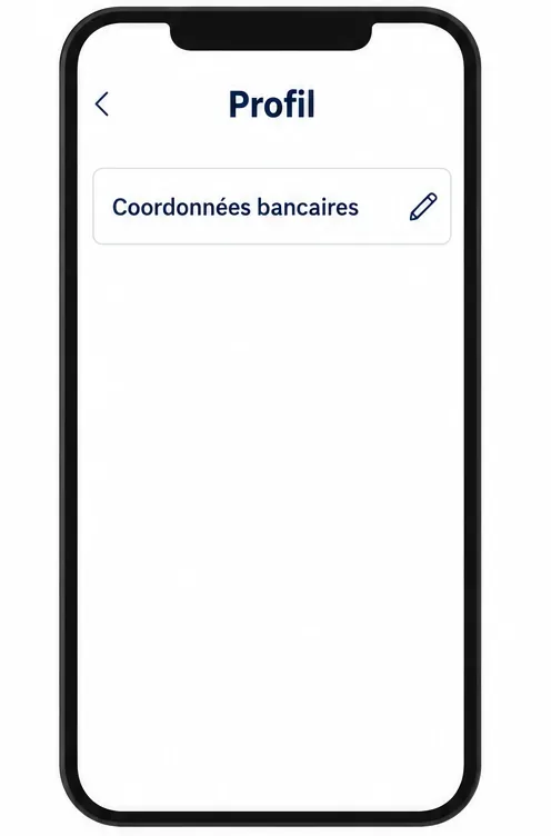 Écran de profil simplifié montrant une ligne Coordonnées bancaires et une icône de crayon.