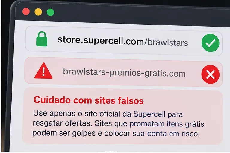 Comparação visual entre store.supercell.com/brawlstars marcado como endereço correto e um domínio fictício de prêmios marcado como arriscado