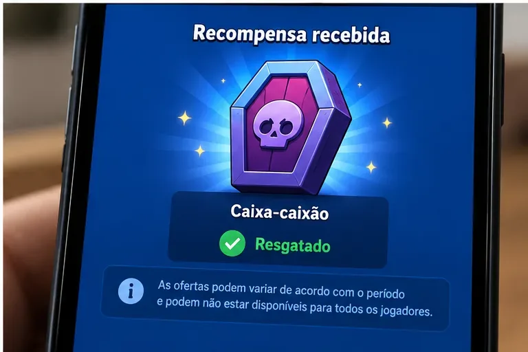 Tela ilustrativa em um celular mostrando uma Caixa-Caixão temática e a indicação de recompensa resgatada