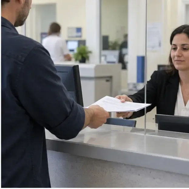 Persona entregando documentos a una empleada en un mostrador de atención al público