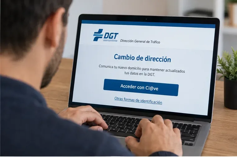 Persona usando un portátil para acceder a un servicio de cambio de dirección de la DGT mediante identificación electrónica