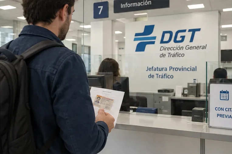 Persona atendida en una oficina de tráfico con documentación en la mano y señal de cita previa
