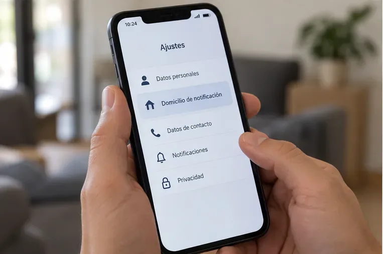 Teléfono móvil mostrando un menú de ajustes con la opción de domicilio de notificación