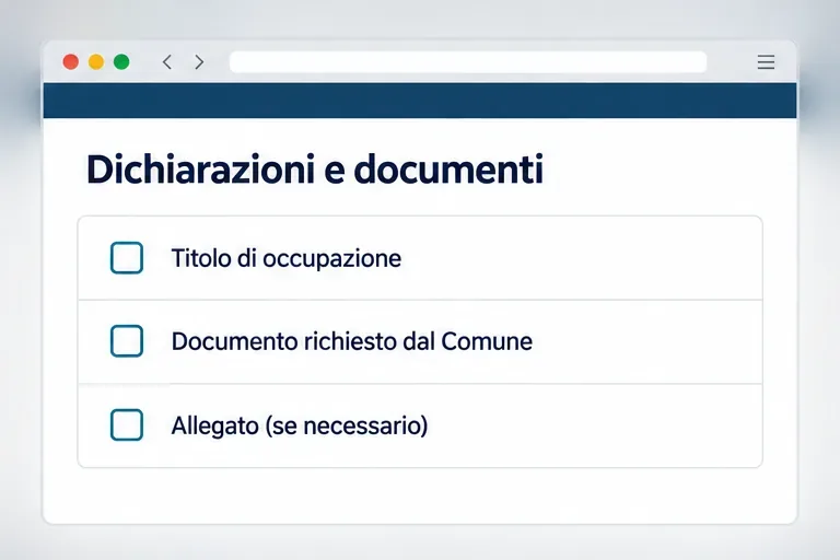 Schermata schematica della checklist Dichiarazioni e documenti con titolo di occupazione e allegati eventuali