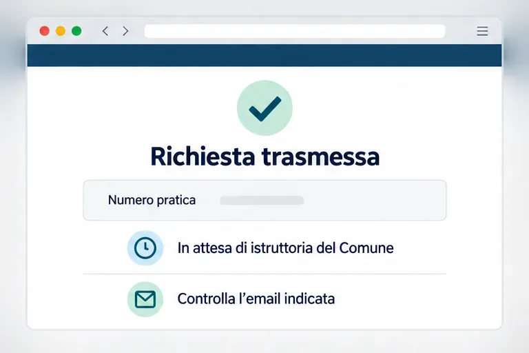 Schermata schematica di richiesta trasmessa con stato in attesa dell’istruttoria comunale e promemoria email