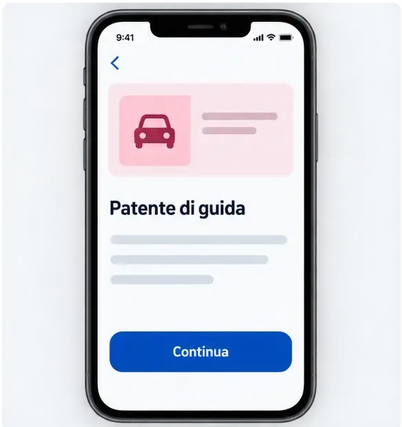 Schermata illustrativa della patente di guida con il pulsante Continua nella parte inferiore