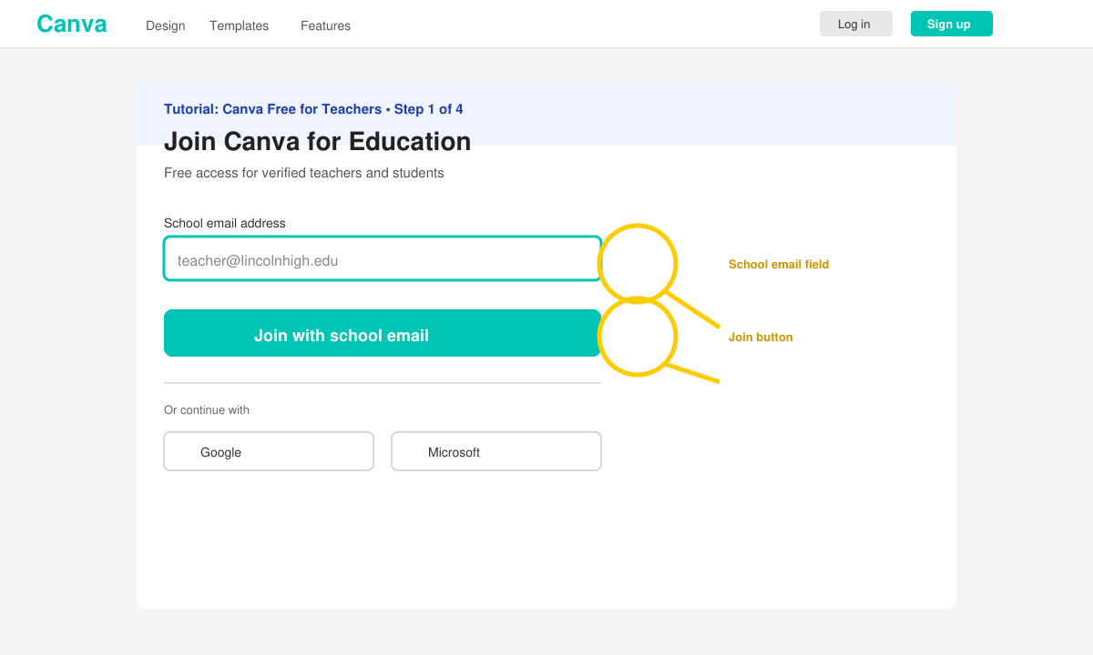 Screenshot of the Canva education signup page with the join button highlighted and a school email field visible