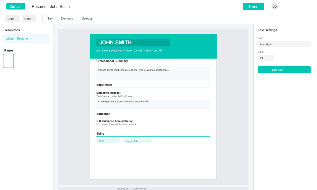 Close-up of the Canva editor showing the first resume template loaded with editable text fields highlighted