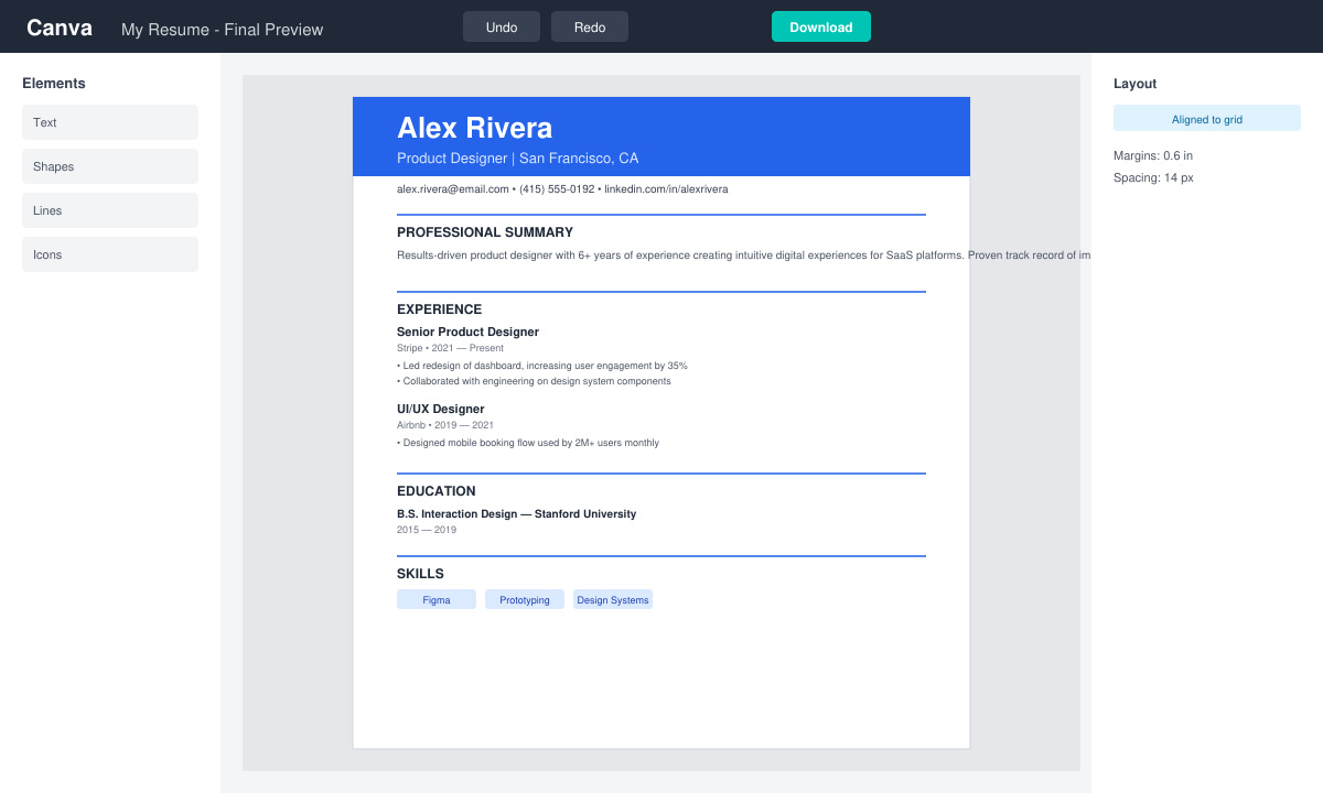 Resume preview in Canva showing a completed layout with aligned sections and a subtle accent line under the name