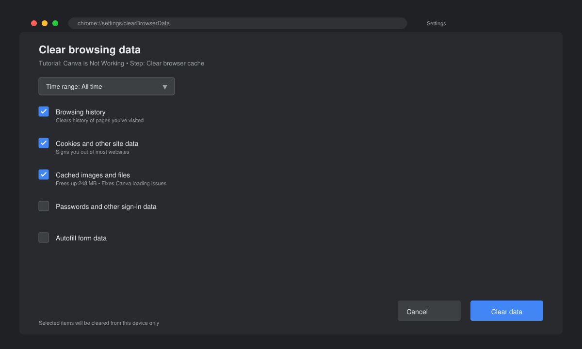 Clearing browser cache settings to fix Canva is Not Working