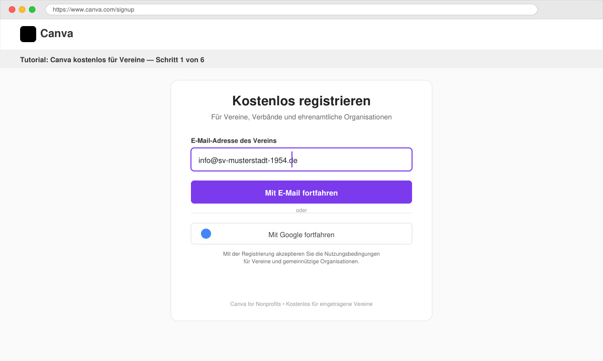 Bildschirm mit dem Canva-Registrierungsformular, bei dem die Vereins-E-Mail-Adresse eingegeben wird