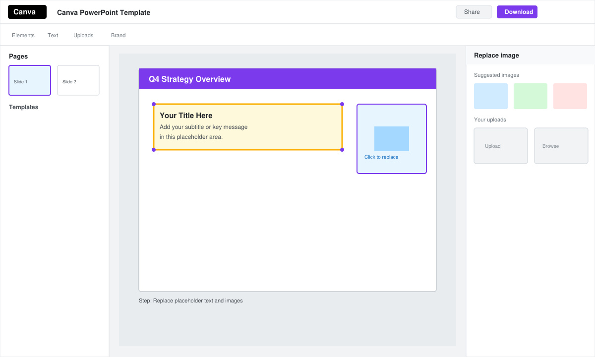Canva editor showing text replacement and image swap on a presentation slide