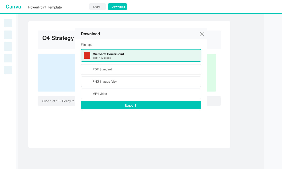Canva download menu with Microsoft PowerPoint format selected