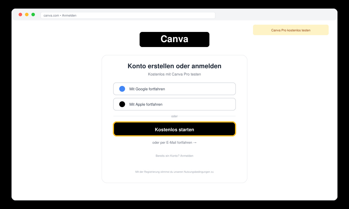 Canva-Anmeldebildschirm mit „Kostenlos starten“-Button