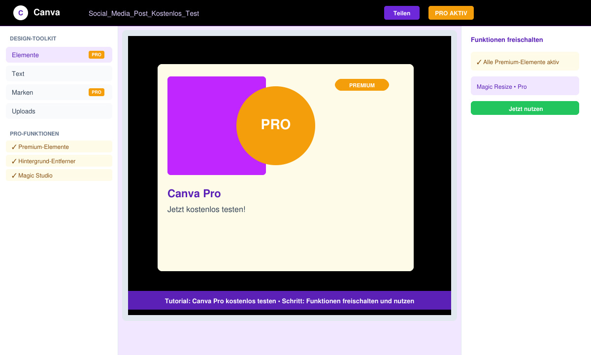Canva-Editor mit aktivierten Pro-Funktionen und Premium-Elementen