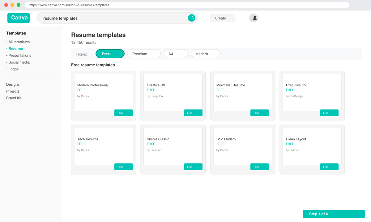 Close-up of Canva search results page highlighting the free resume templates filter