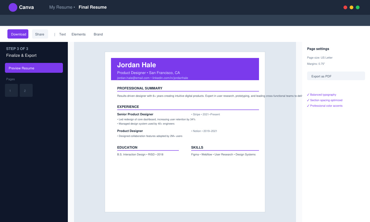 Final resume preview inside Canva showing balanced sections and clean typography after edits