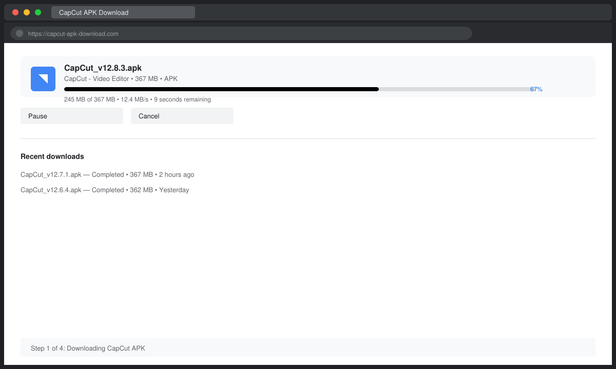 Close-up of Android browser showing the CapCut APK file download in progress with file size and progress bar visible