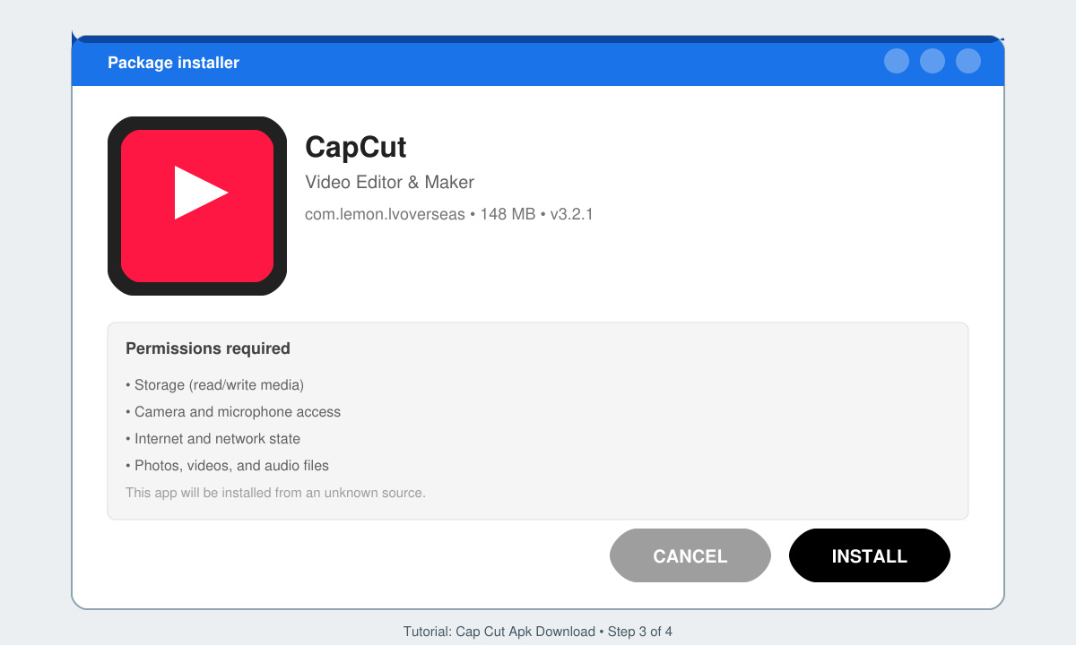 Android installation screen displaying the CapCut app icon and the Install button ready to be tapped