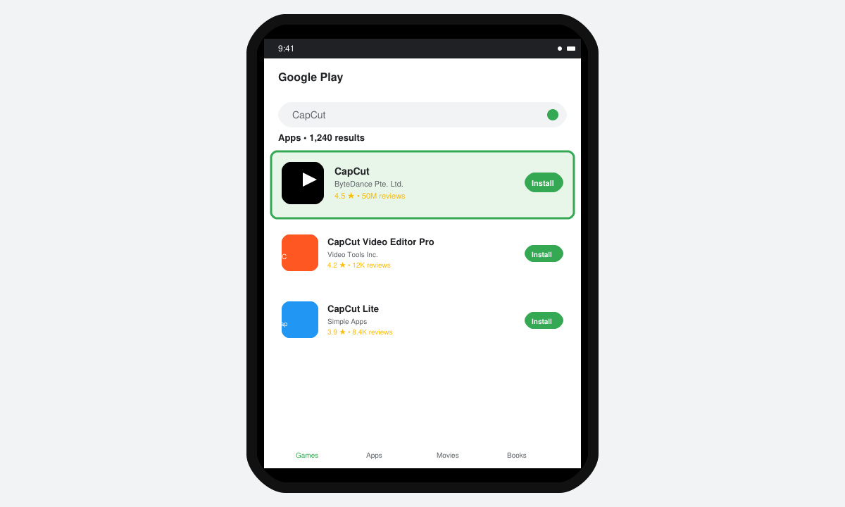Cap Cut App Download step on Android Google Play Store search results