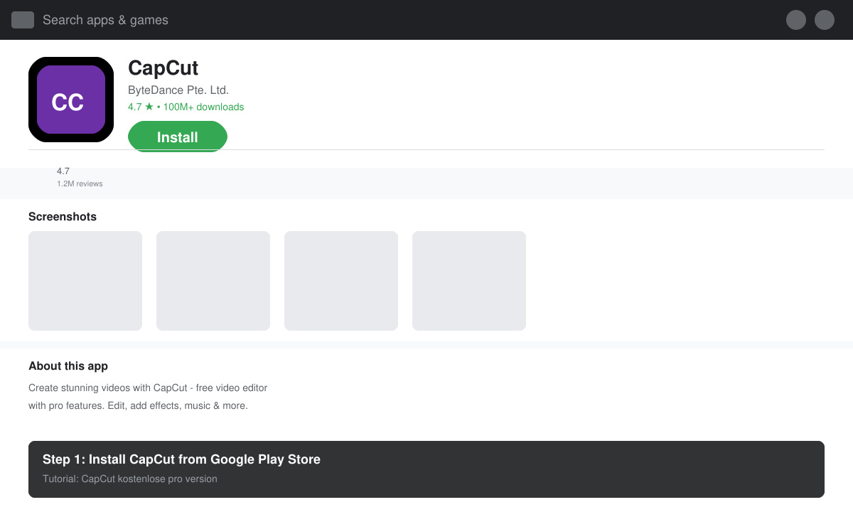 Screenshot of CapCut installation screen in the Google Play Store with the install button visible