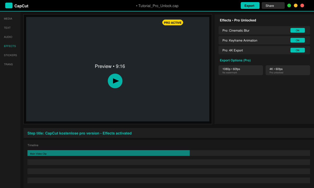 CapCut editor screen showing activated Pro effects and export options