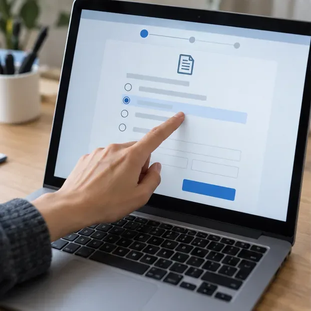 Dedo seleccionando un motivo en un formulario digital de solicitud de duplicado mostrado en un portátil