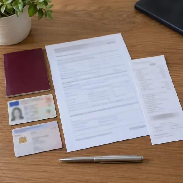 Sobre una mesa hay un documento de identidad, un formulario de solicitud y un recibo de pago con los datos difuminados