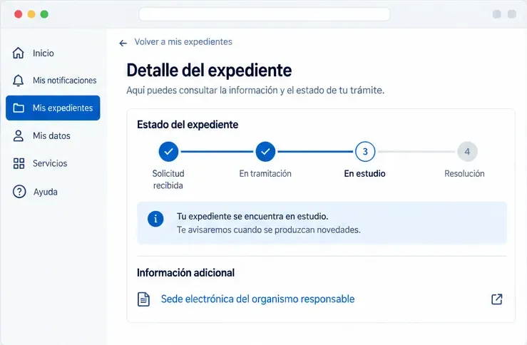 Pantalla ilustrativa del detalle de un expediente con una línea de estado y enlace a la sede electrónica responsable