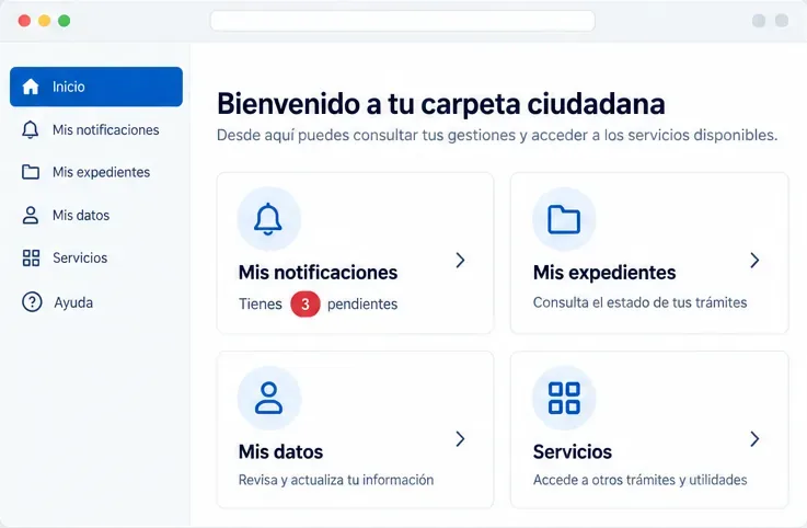 Panel ilustrativo de una carpeta ciudadana con accesos a Mis notificaciones y Mis expedientes