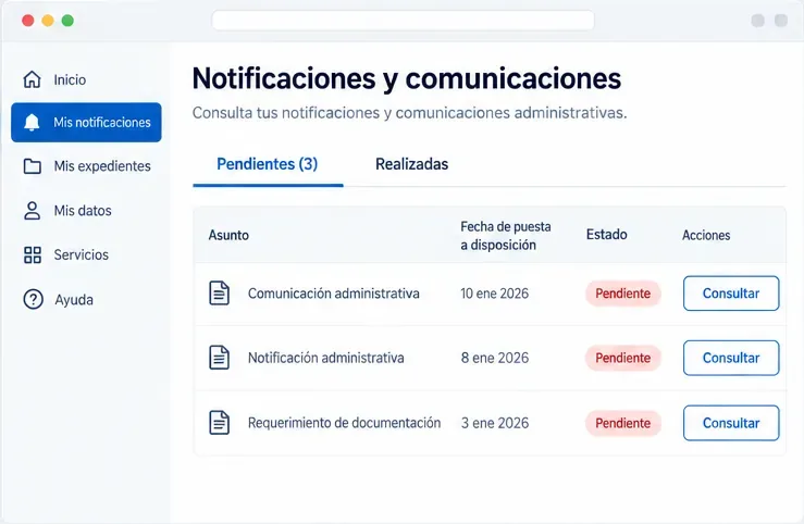 Pantalla ilustrativa de Notificaciones y comunicaciones con pestañas Pendientes y Realizadas