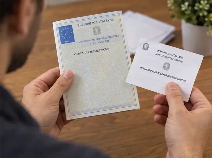 Carta di circolazione e permesso provvisorio tenuti in mano dopo la pratica di duplicato