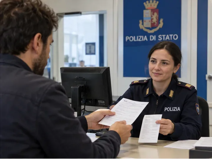 Automobilista allo sportello della Polizia durante la denuncia di smarrimento dei documenti del veicolo
