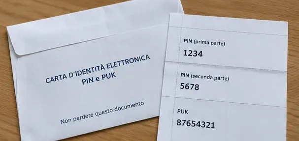 Busta e foglio con le due metà del PIN e il codice PUK della Carta d’Identità Elettronica
