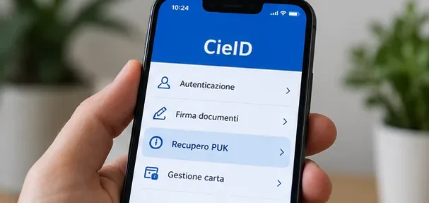 Smartphone con l’app CieID aperta e la voce Recupero PUK evidenziata nel menu