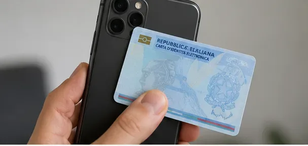 Carta d’Identità Elettronica avvicinata al retro di uno smartphone per la lettura NFC durante il recupero