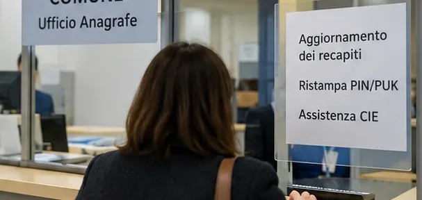 Sportello anagrafe di un Comune con indicazioni per aggiornamento recapiti, ristampa PIN e PUK e assistenza CIE