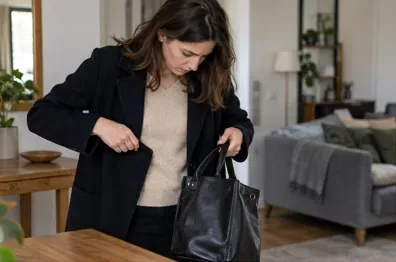 Une femme vérifie la poche de son manteau et son sac à main après avoir constaté la disparition de sa carte