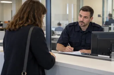 Une personne échange avec un agent en uniforme au guichet d’un service de police